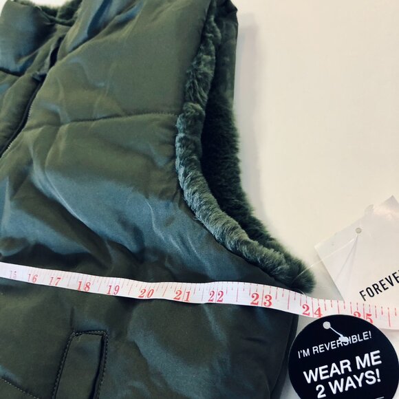 Forever 21 Zip Up Puffer Vest Jacket 2 Way Reversible Plush Trim Size L Green - Picture 11 of 16